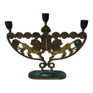 Lion of Judah VTG  Brass Menorah Shabbat Candleholder MCM Israel
